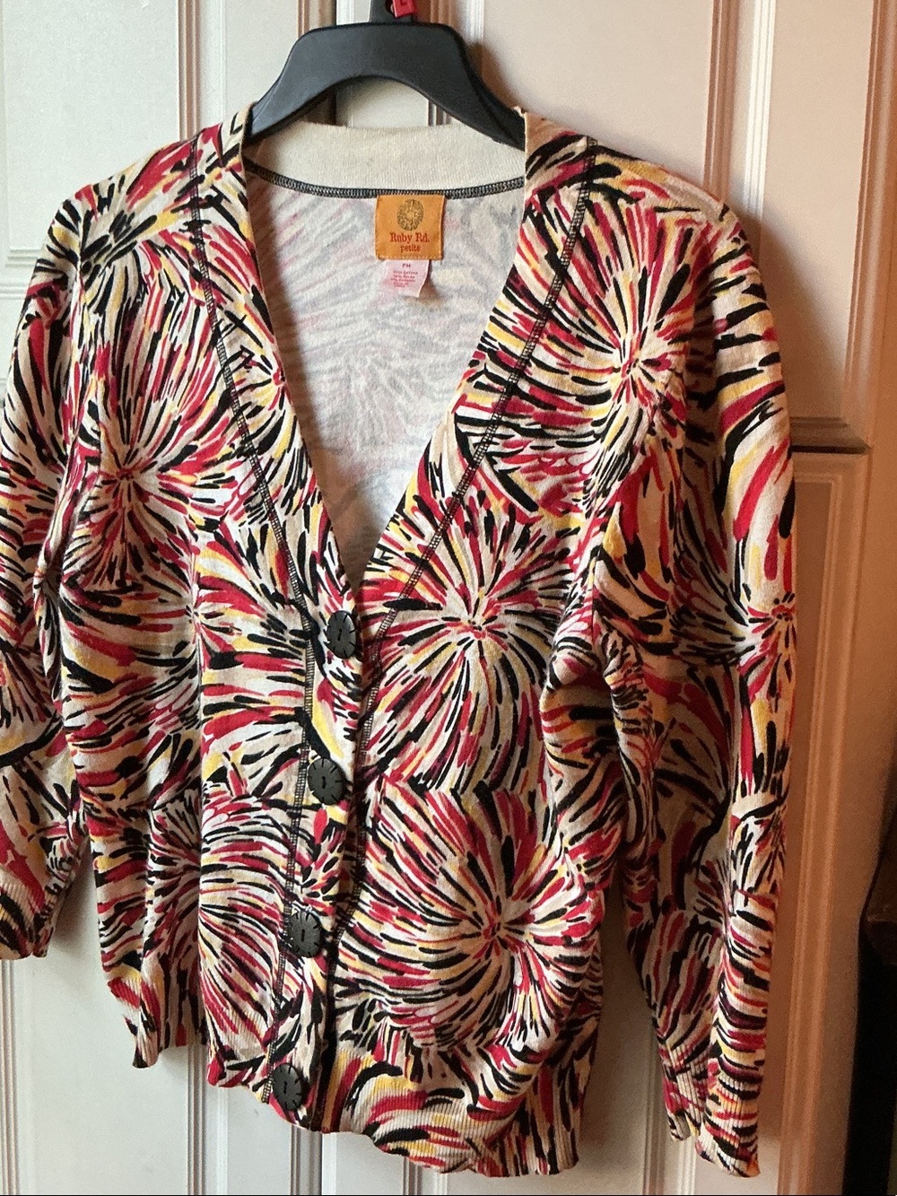 Ruby Rd Petite Vibrant Floral Burst Button-Up Cardigan -Red,/Black/Yellow,/Cream